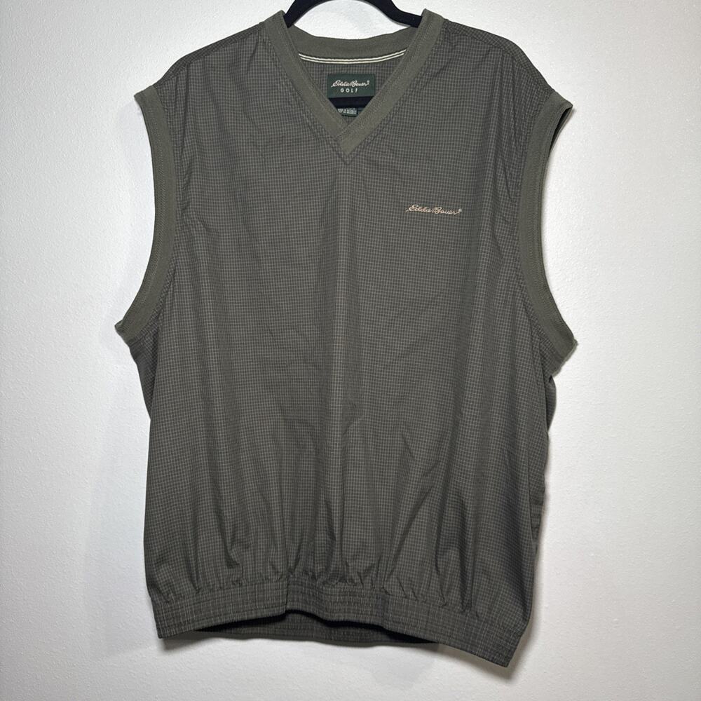 Eddie Bauer Golf Vest Mens Large Green Microcheck Windbreaker Pullover Pocket - Picture 1 of 7